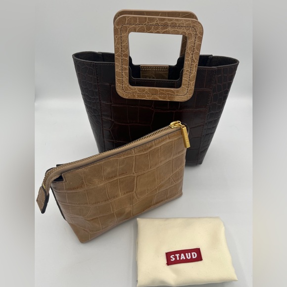 🌟SALE🌟 STAUD Brown leather CROC Mini Shirley with matching pouch. EUC. - Picture 2 of 11